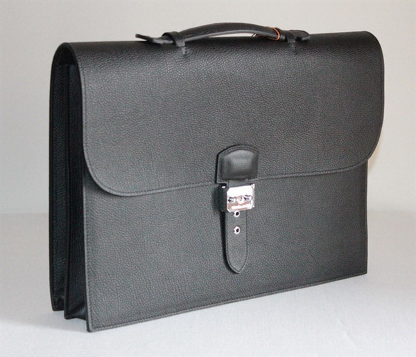 Best Hermes Sac A Depeche Lychee Texture Briefcase Black 509012